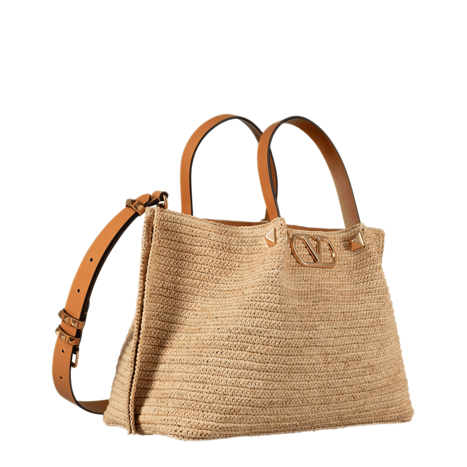 Valentino Medium Straw Tote - Saddle Brown/Natural/Rouge Pur