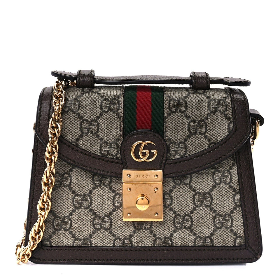 Gucci GG Supreme Monogram Textured Dollar Calfskin Web Mini Ophidia Padlock Top Handle Chain Shoulder Bag Beige Ebony New Acero