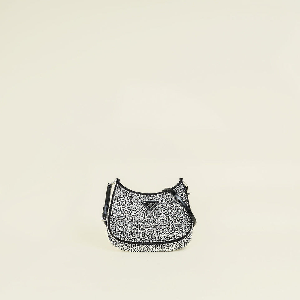 Prada Black Metal Crystal - Embellished Satin Cleo Bag