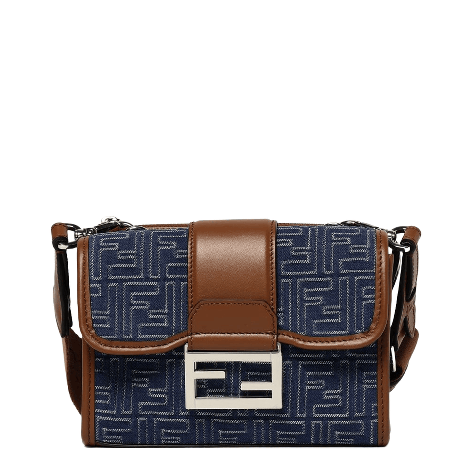 Fendi Double Baguette Denim - Effect FF Jacquard Crossbody - Blue