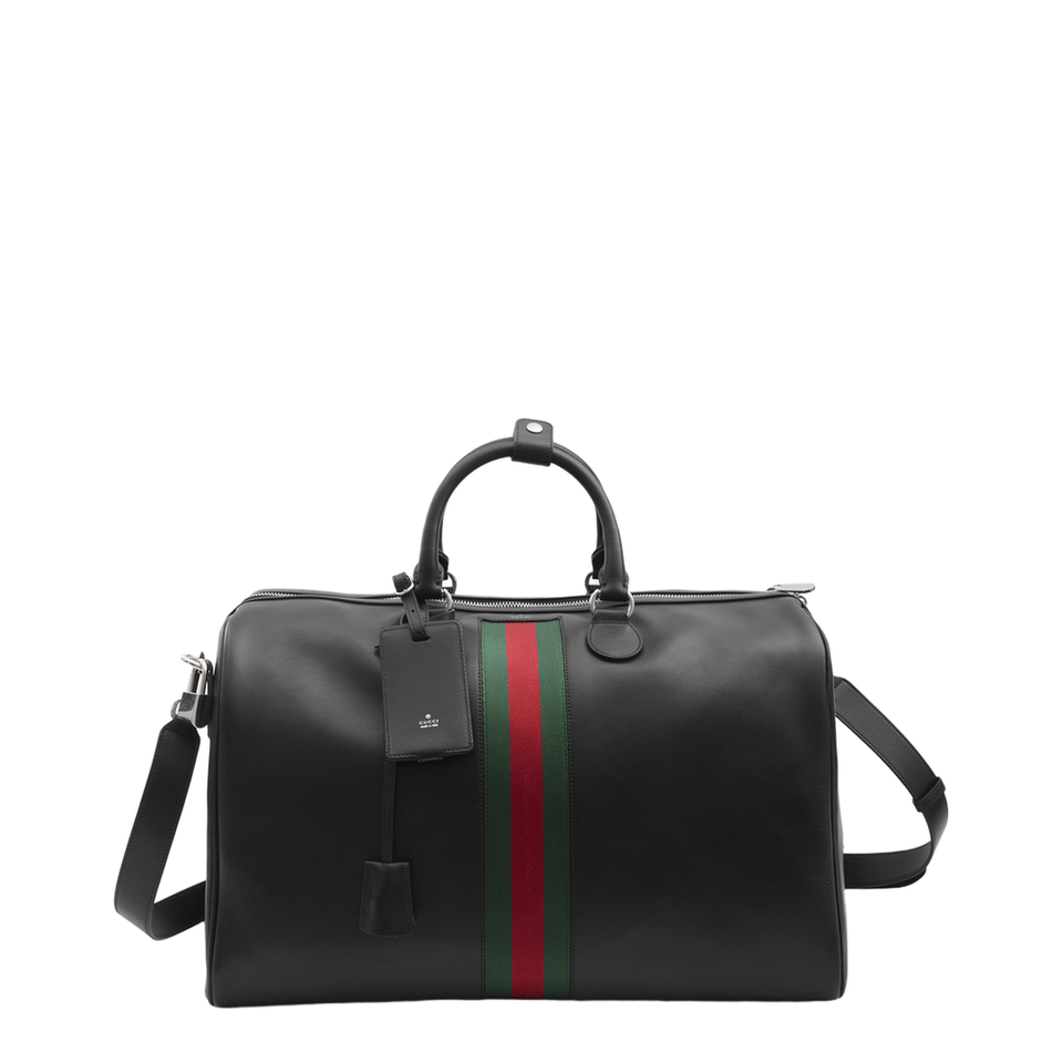 Gucci Web Trademark Medium Black Soft Leather Duffle Bag - Black