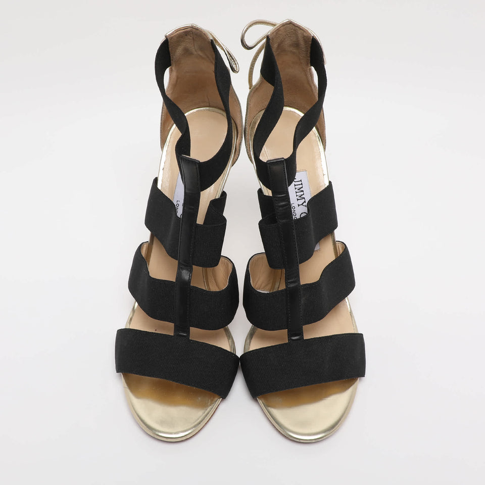 Jimmy Choo Gold/black Leather And Elastic Cage Sandals