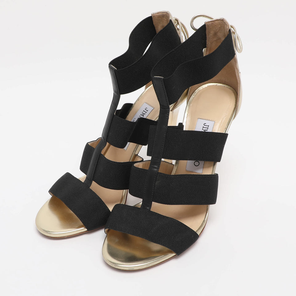 Jimmy Choo Gold/black Leather And Elastic Cage Sandals