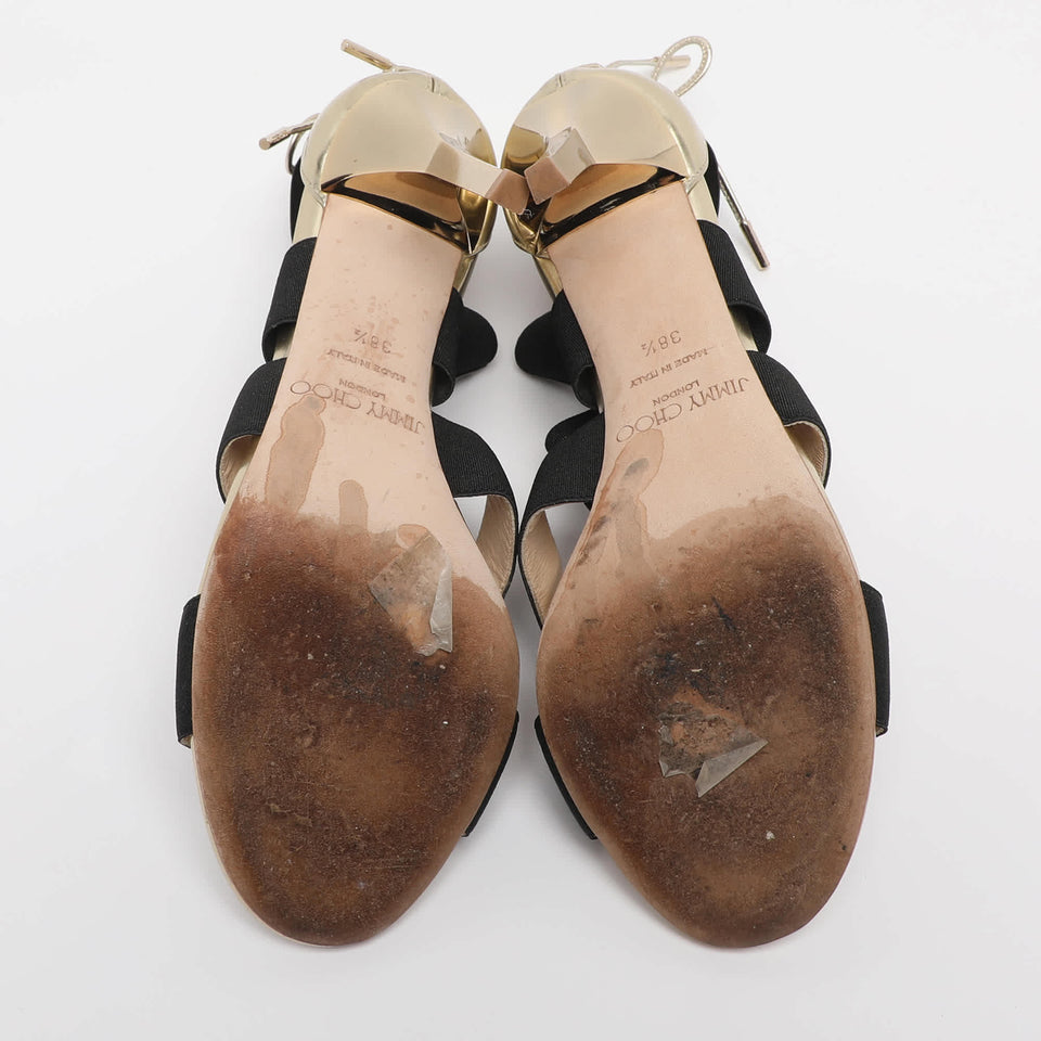 Jimmy Choo Gold/black Leather And Elastic Cage Sandals