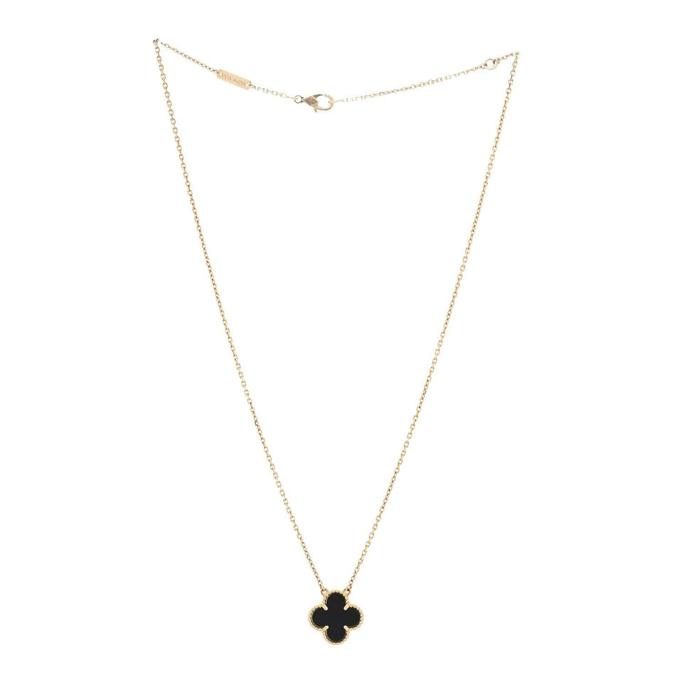 Van Cleef & Arpels 18K Yellow Gold Black Onyx Vintage Alhambra Pendant Necklace