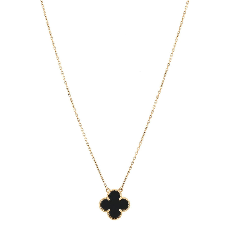 Van Cleef & Arpels 18K Yellow Gold Black Onyx Vintage Alhambra Pendant Necklace