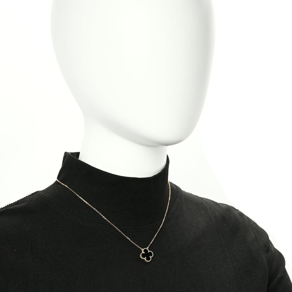 Van Cleef & Arpels 18K Yellow Gold Black Onyx Vintage Alhambra Pendant Necklace