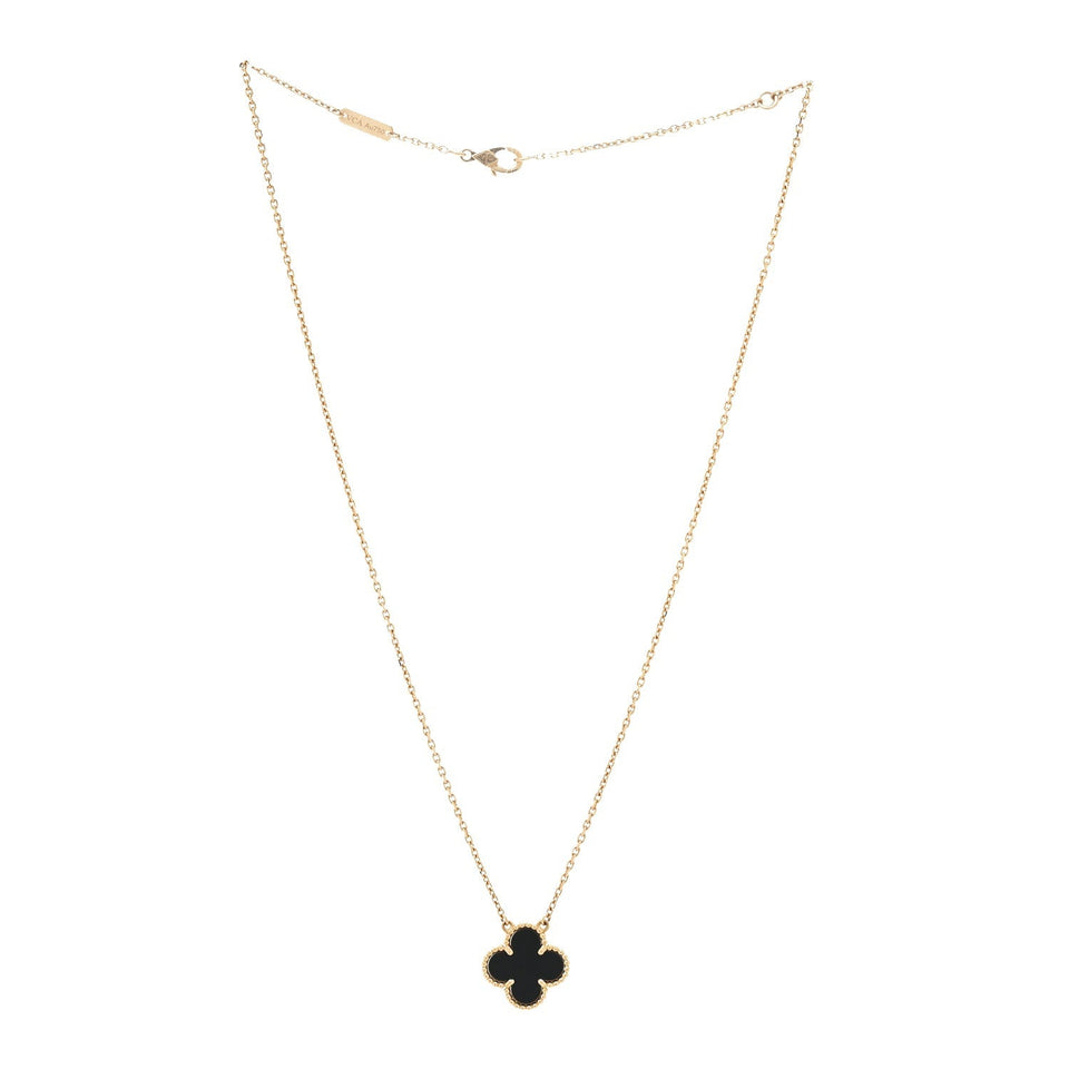Van Cleef & Arpels 18K Yellow Gold Black Onyx Vintage Alhambra Pendant Necklace
