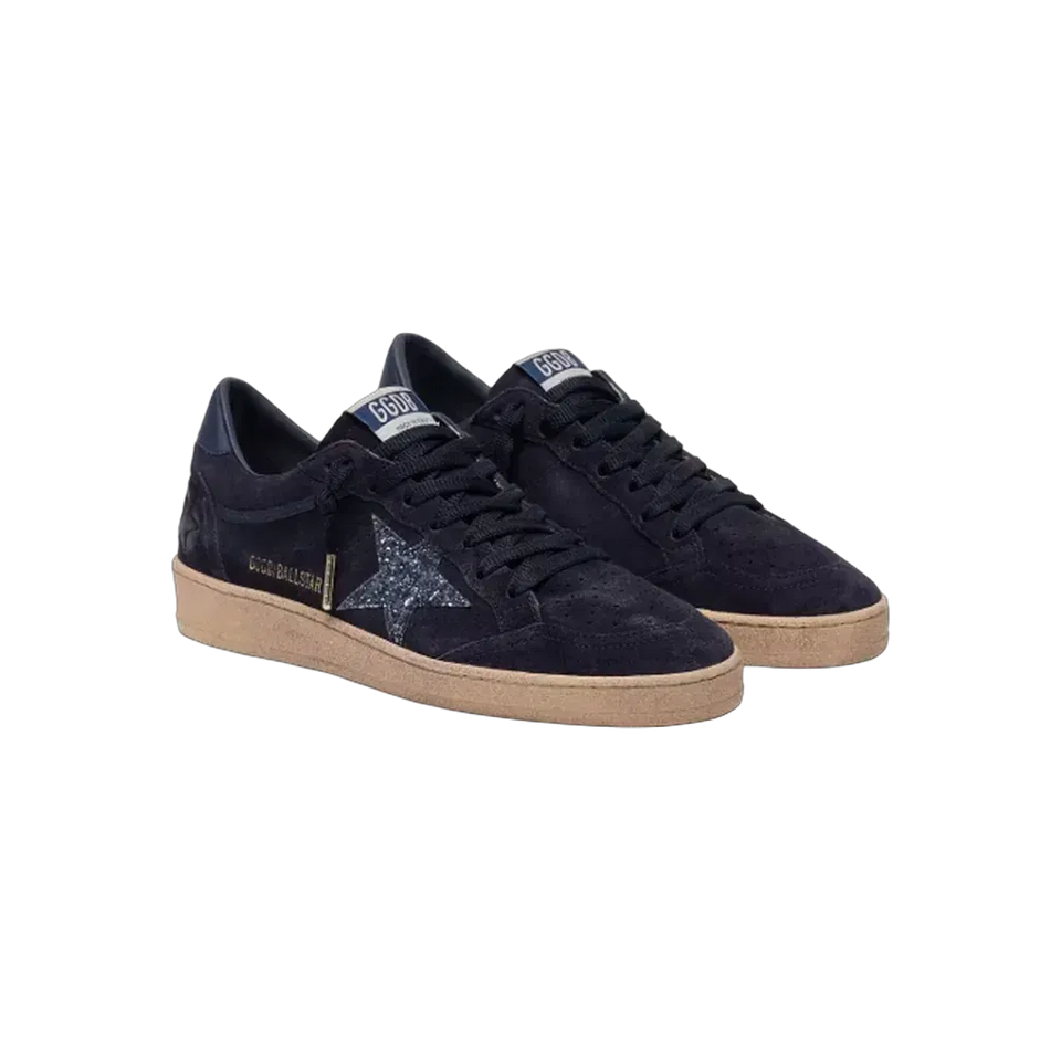 Golden Goose Ball Star In Dark Blue Suede With Dark Blue Glitter Star