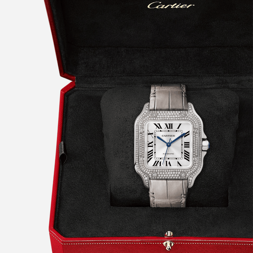 Cartier Santos De Cartier Silver Dial Leather Strap Watch - WJSA0014
