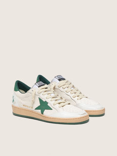 Golden Goose Mens Ball Star Wishes In White Nappa Leather With Green Leather Star And Heel Tab Mens