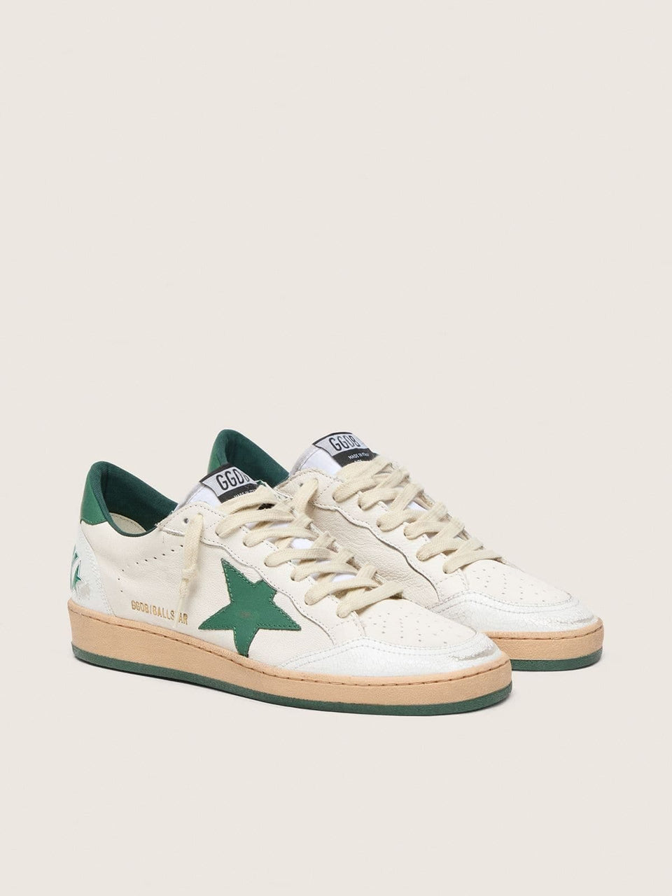 Golden Goose Mens Ball Star Wishes In White Nappa Leather With Green Leather Star And Heel Tab Mens