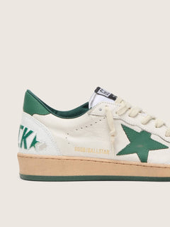 Golden Goose Mens Ball Star Wishes In White Nappa Leather With Green Leather Star And Heel Tab Mens
