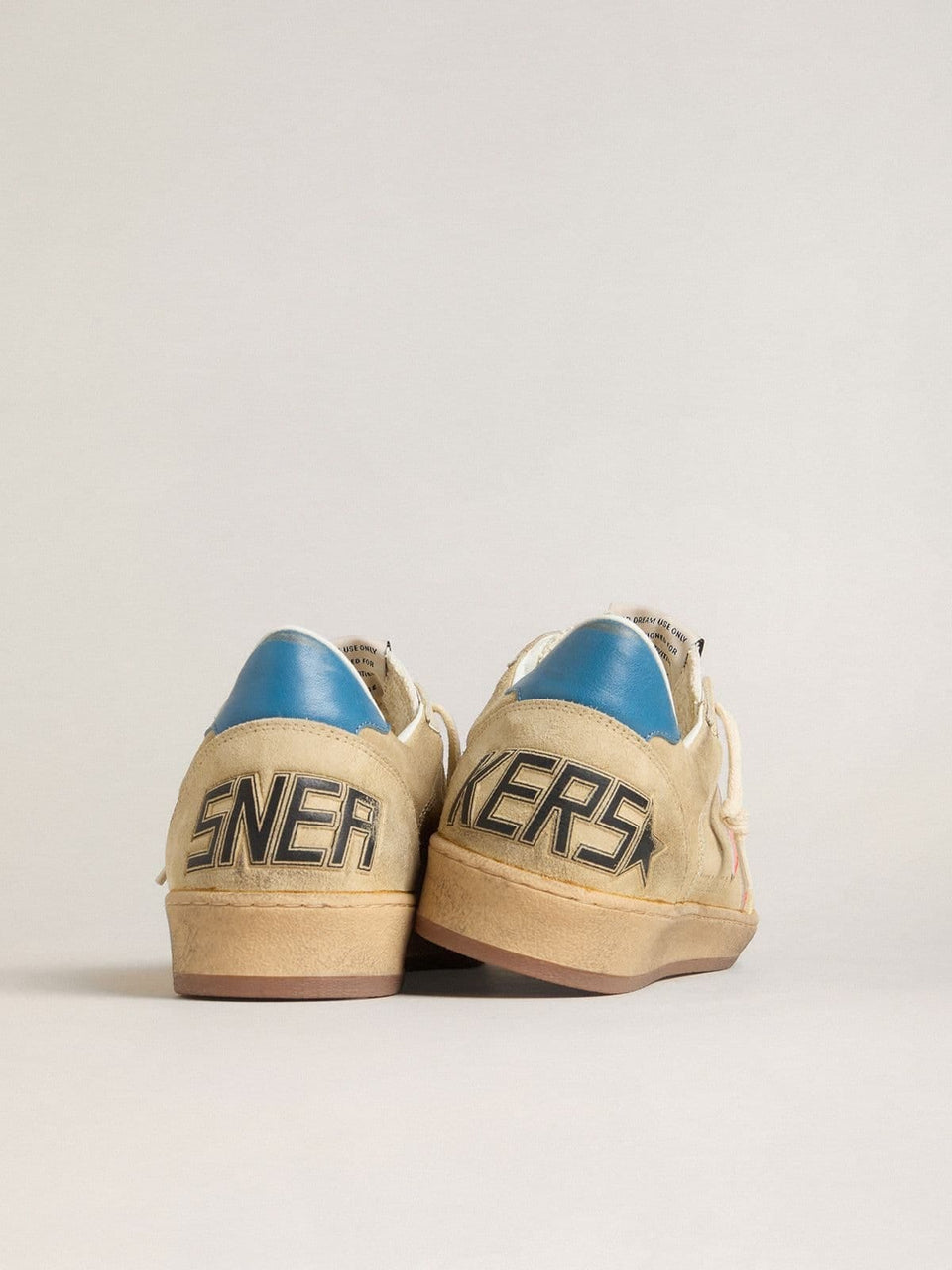Golden Goose Mens Ball Star In Beige Suede With Coral Leather Star And Blue Nappa Heel Tab Mens
