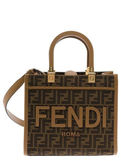 Fendi 'Sunshine Small' Brown Tote Bag with Logo in FF Jacquard Canvas and Leather Woman