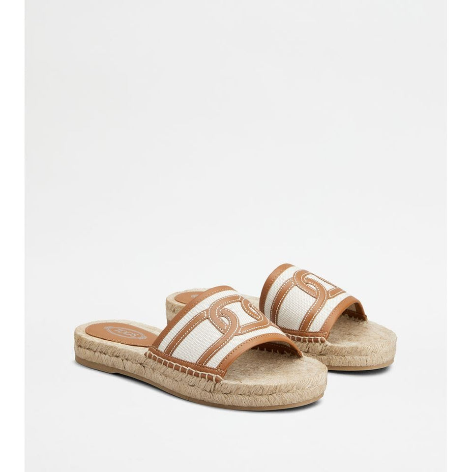 Tods Kate Sandals In Canvas And Leather White Brown Womens