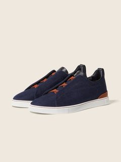 Zegna Navy Blue Cotton Denim Triple Stitch Sneakers