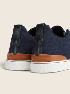 Zegna Navy Blue Cotton Denim Triple Stitch Sneakers