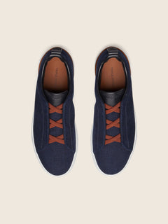Zegna Navy Blue Cotton Denim Triple Stitch Sneakers