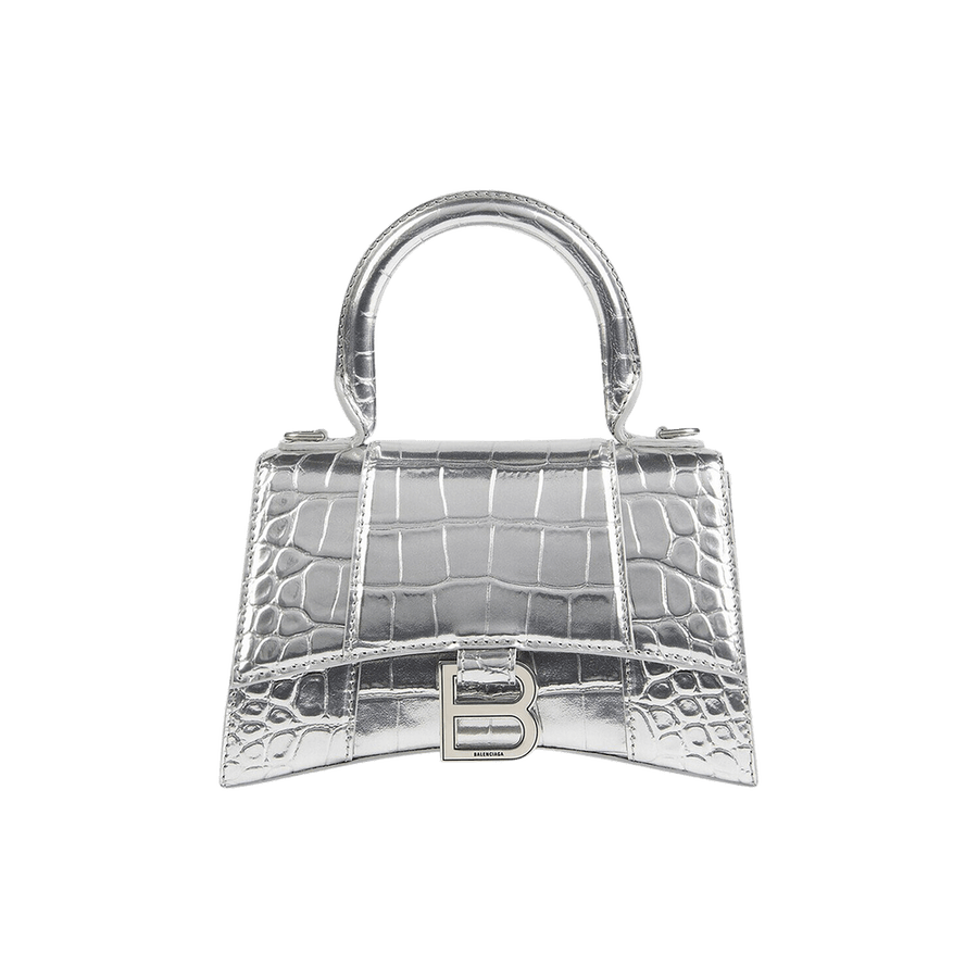 Balenciaga Crocodile Embossed XS Hourglass Handbag In Silver