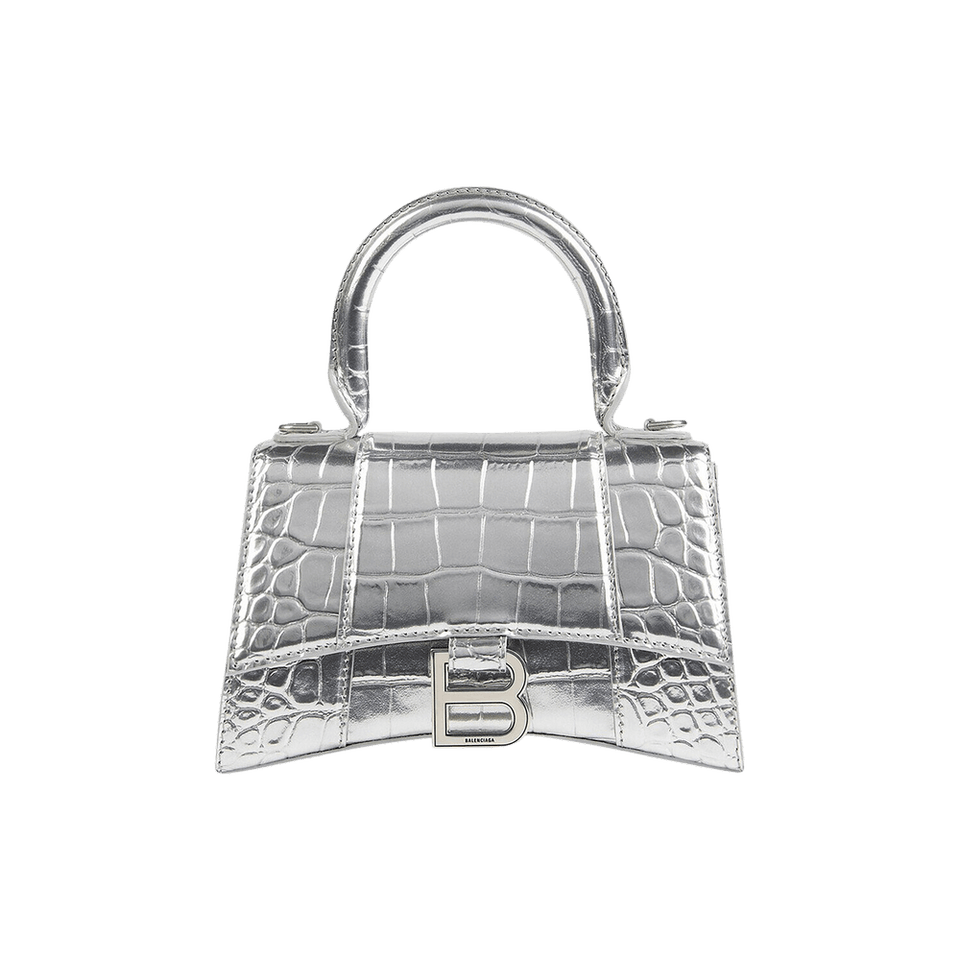 Balenciaga Crocodile Embossed XS Hourglass Handbag In Silver