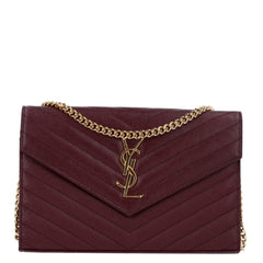 Saint Laurent Grain De Poudre Matelasse Chevron Monogram Chain Wallet Rouge Legion