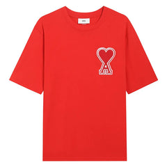 Ami Paris Pure Cotton Heart Embroidered Couple Unisex RED T-Shirt