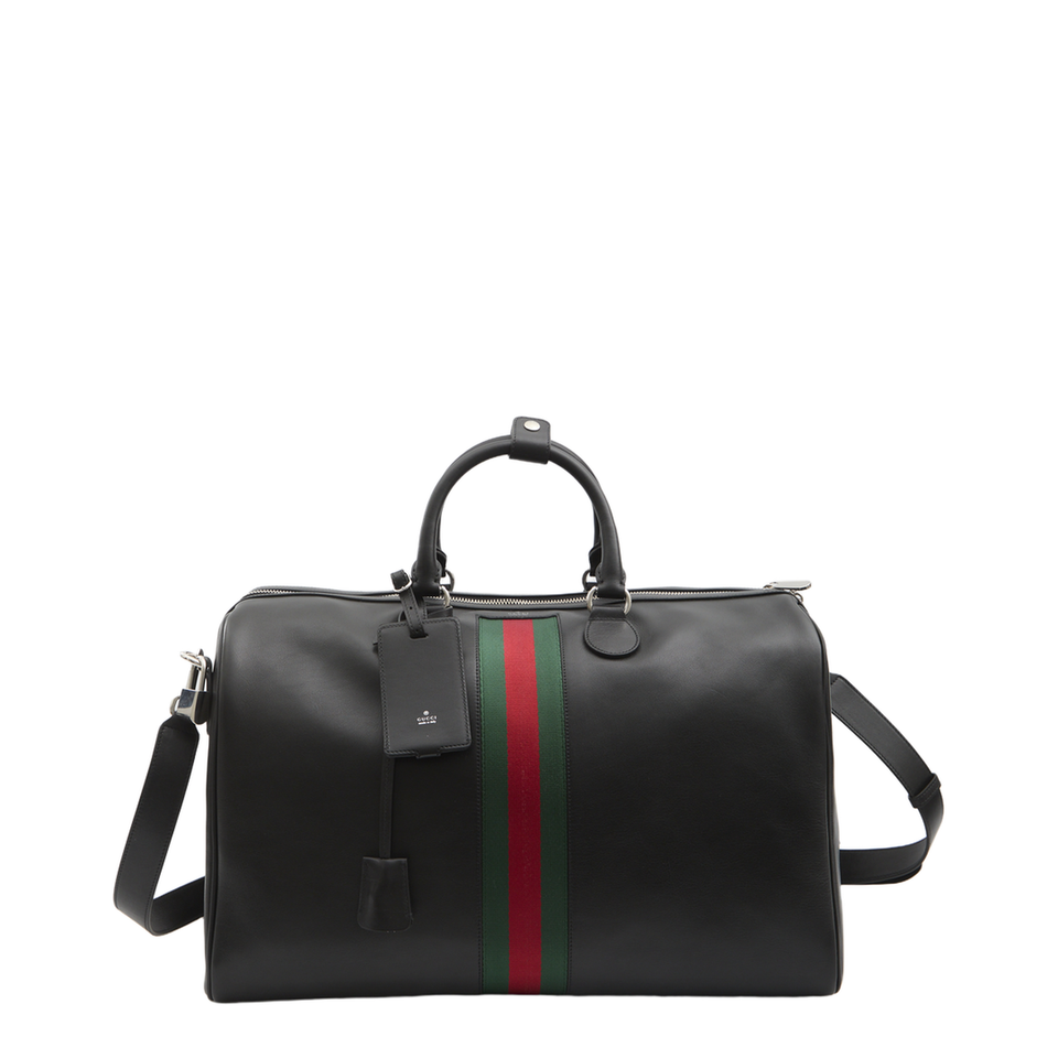 Gucci Web Trademark Medium Black Soft Leather Duffle Bag - Black