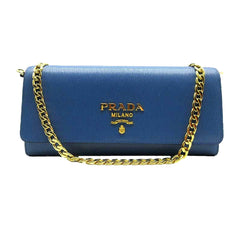 Vitello Move Cobalto Blue Leather Chain Crossbody Wallet Clutch