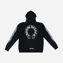 Chrome Hearts Horse shoe Floral Cross Sleeve Zip Up Hoodie Black White