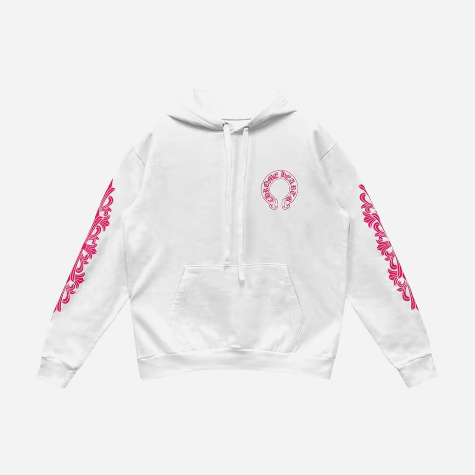 Chrome Hearts Pink Horseshoe Floral Sleeve Pullover Hoodie White