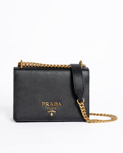Prada Saffiano Leather Flap Chain Crossbody Bag in Black