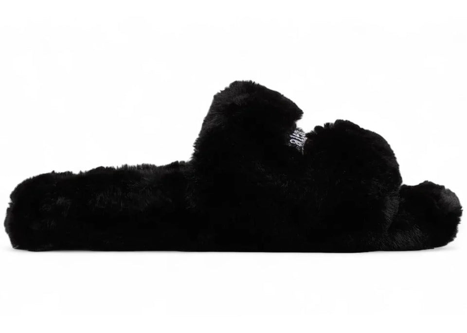 Balenciaga Furry Slide Shiny Fake Fur Political Emb Black