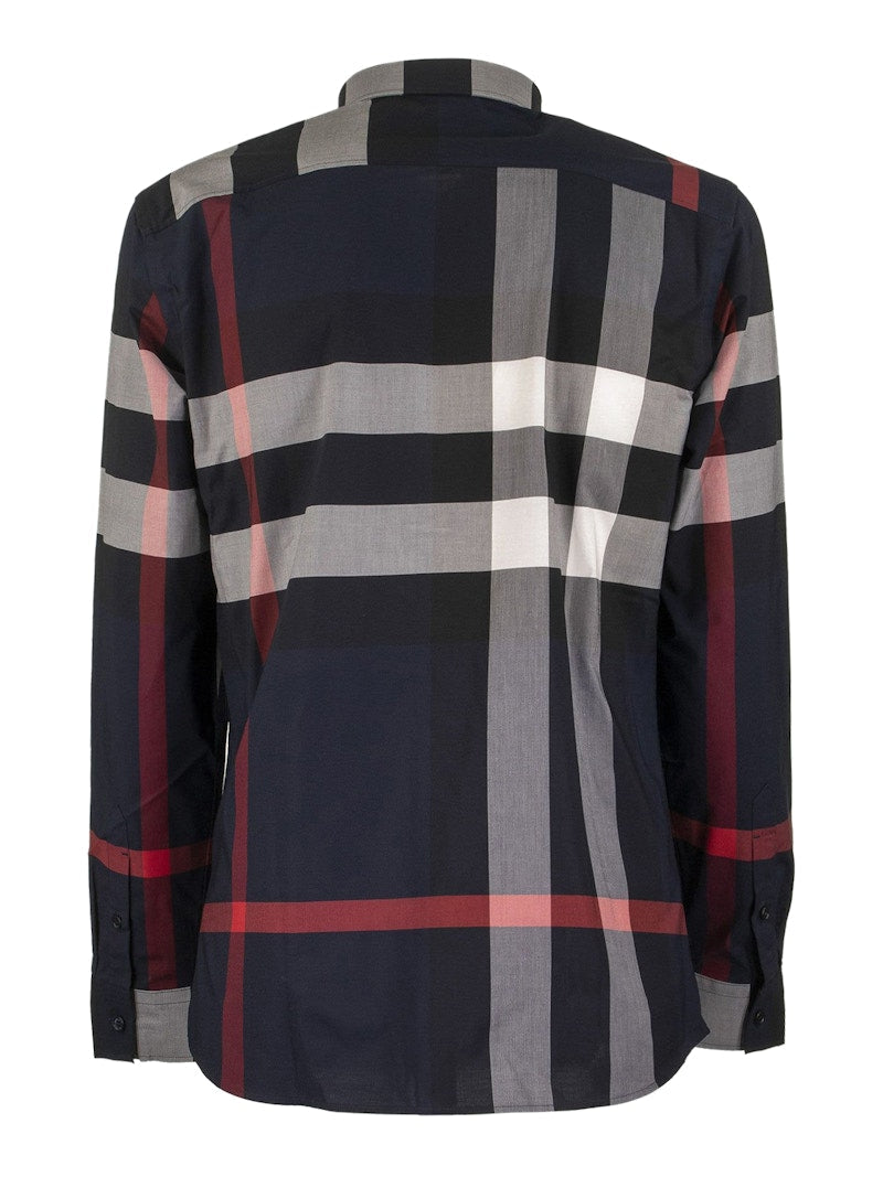 Burberry Check Stretch Cotton Poplin Shirt Navy
