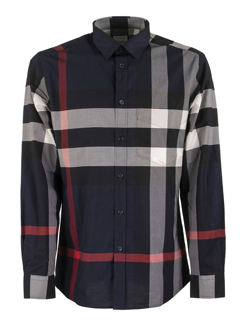 Burberry Check Stretch Cotton Poplin Shirt Navy