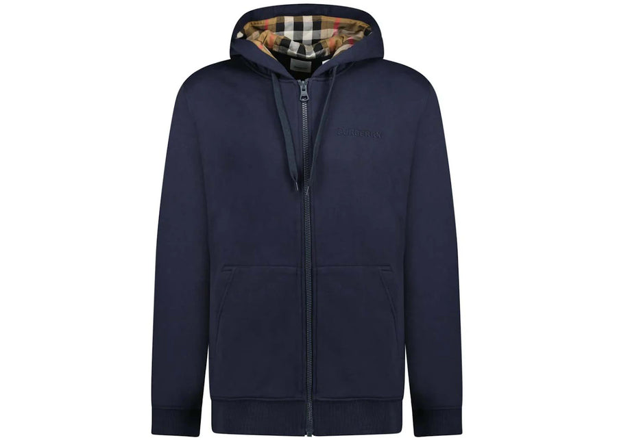 Burberry Hove Check Embroidery Logo Zip Hoodie Navy