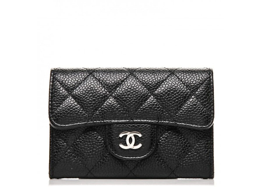 Chanel Flap Card Holder Quilted Caviar Silver-tone Black