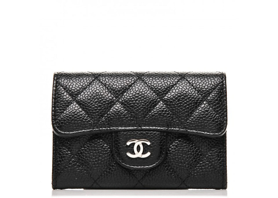 Chanel Flap Card Holder Quilted Caviar Silver-tone Black
