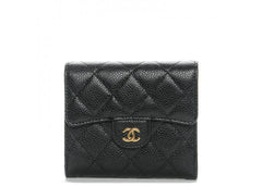 Chanel Flap Compact Wallet Quilted Caviar Gold-tone Black