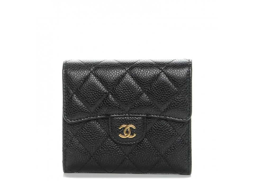 Chanel Flap Compact Wallet Quilted Caviar Gold-tone Black
