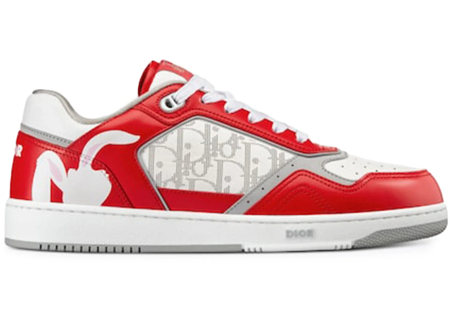 Dior B27 Low Erl Red And White Smooth Calfskin And White Dior Oblique Galaxy Leather With Rabbit Motif