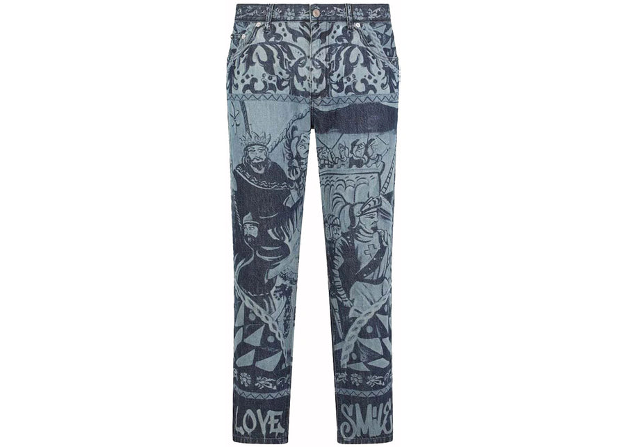 Dolce & Gabbana Loose Carretto Patchwork Print Jeans Blue