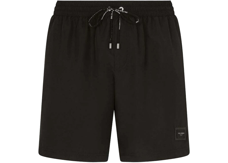 Dolce & Gabbana Mid Length Branded Plate Swim Trunks Black