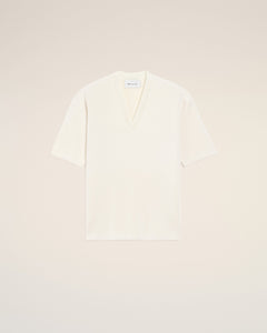 AmiParis White Wool Short Sleeves V Neck Sweater Cream Women's