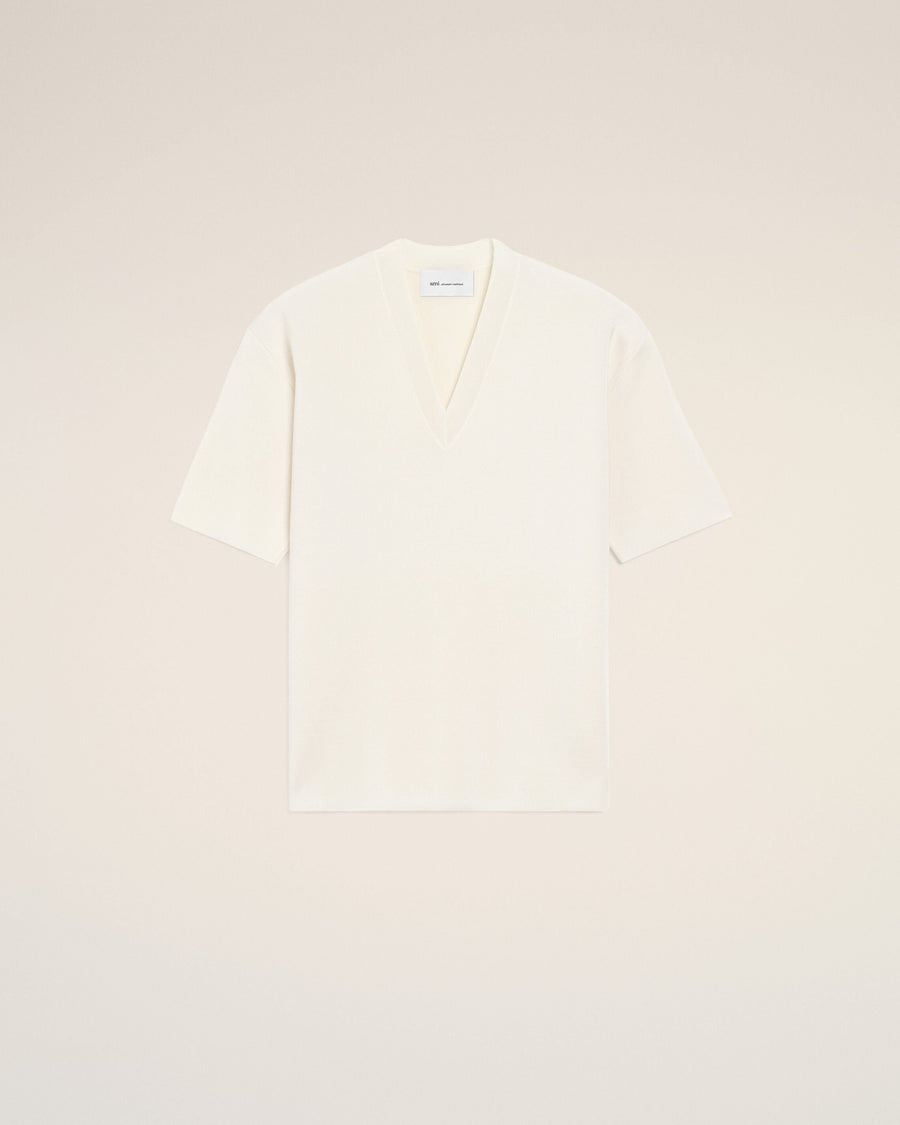 AmiParis White Wool Short Sleeves V Neck Sweater Cream Women's