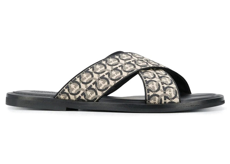 Ferragamo Gancini Printed Pool Slides Beige Black