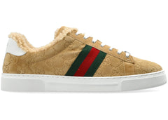 Gucci Ace Fur Trim Suede Beige