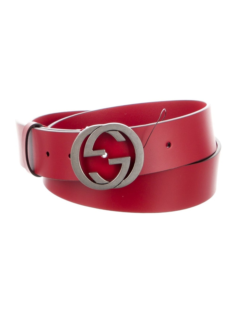 Gucci Calfskin Interlock GG Leather Belt Red