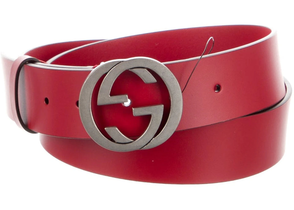 Gucci Calfskin Interlock GG Leather Belt Red