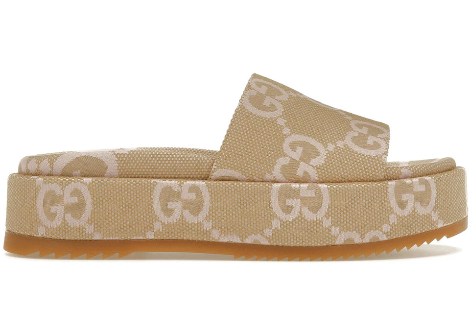 Gucci Jumbo Gg Platform Slide Sandal Beige Light Pink Canvas